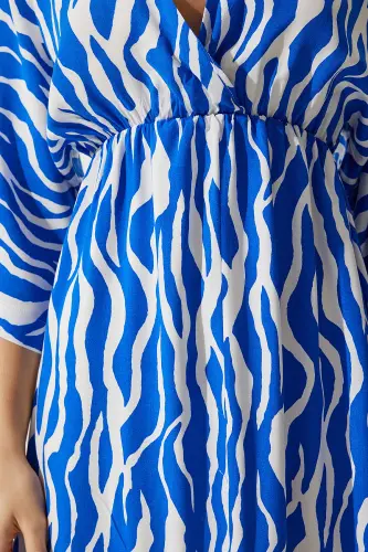 Woman Blue White Deep V Neck Summer Long Viscose Dress CI00081-Blue White - 6