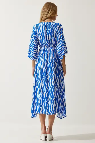 Woman Blue White Deep V Neck Summer Long Viscose Dress CI00081-Blue White - 7