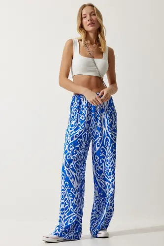 Woman Blue White Patterned Flowy Viscose Palazzo Pants EN00606-Blue White - 1