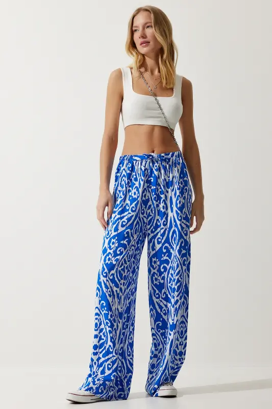 Woman Blue White Patterned Flowy Viscose Palazzo Pants EN00606-Blue White - 2