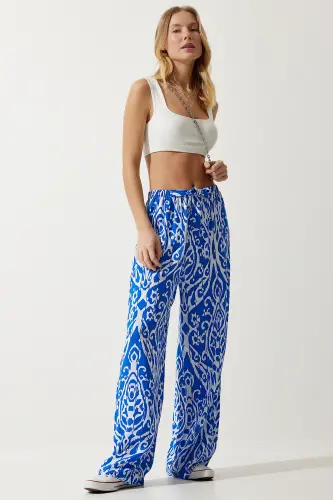 Woman Blue White Patterned Flowy Viscose Palazzo Pants EN00606-Blue White - 3