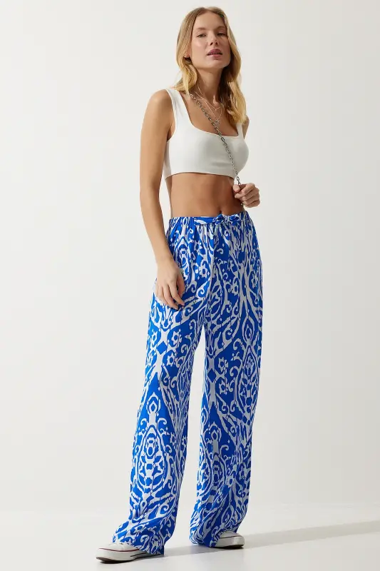 Woman Blue White Patterned Flowy Viscose Palazzo Pants EN00606-Blue White - 3