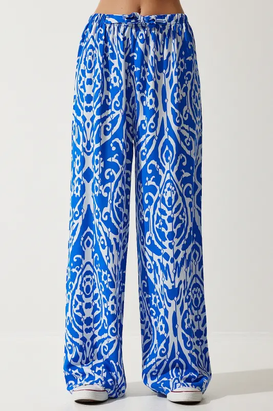 Woman Blue White Patterned Flowy Viscose Palazzo Pants EN00606-Blue White - 4