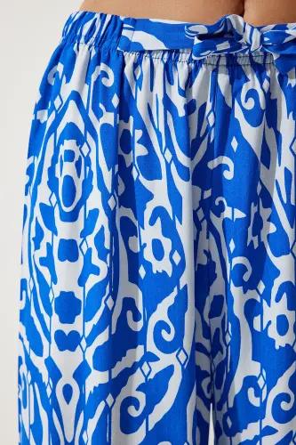 Woman Blue White Patterned Flowy Viscose Palazzo Pants EN00606-Blue White - 5