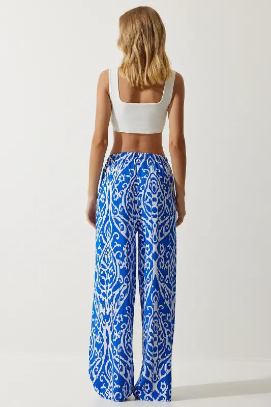 Woman Blue White Patterned Flowy Viscose Palazzo Pants EN00606-Blue White - 6