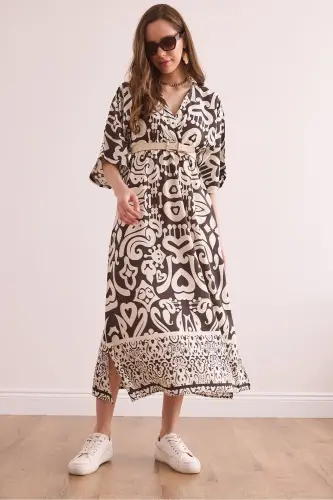 Woman Brown Bat Slit Elastic Waist Do 