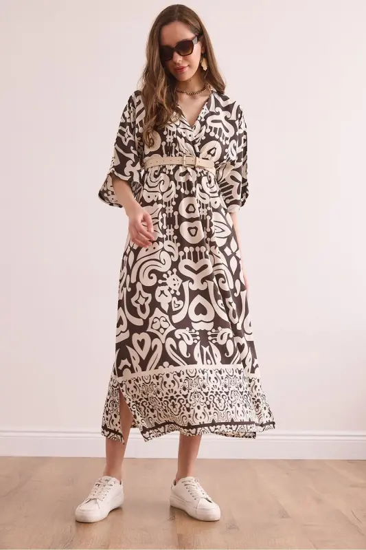 Woman Brown Bat Slit Elastic Waist Do - OLALOOK