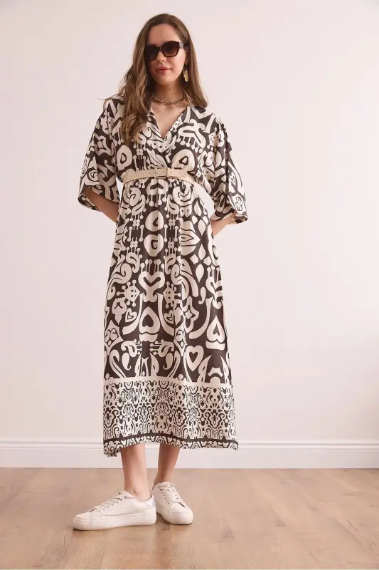 Woman Brown Bat Slit Elastic Waist Do - 6