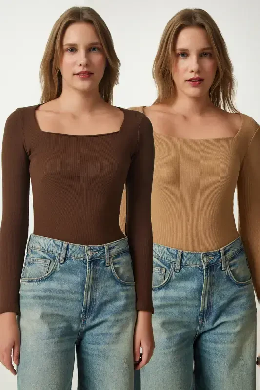 Woman Brown Biscuit Square Collar 2-Piece Knitted Blouse GT00056-Brown Biscuit - Modazone