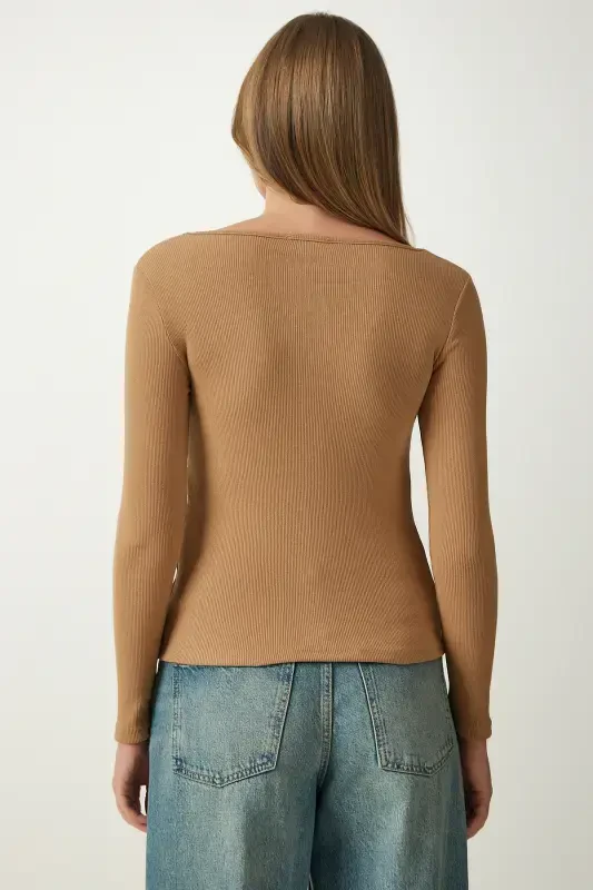 Woman Brown Biscuit Square Collar 2-Piece Knitted Blouse GT00056-Brown Biscuit - 7