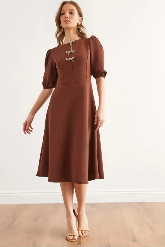 Woman Brown Bow Detailed Midi Knitted Dress E - 1