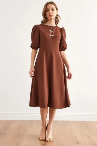 Woman Brown Bow Detailed Midi Knitted Dress E - OLALOOK (1)