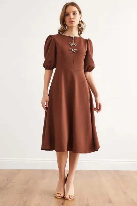 Woman Brown Bow Detailed Midi Knitted Dress E - 2