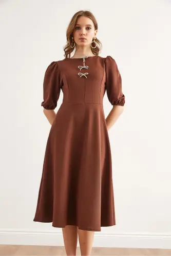 Woman Brown Bow Detailed Midi Knitted Dress E - 3