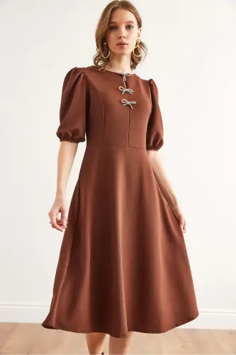 Woman Brown Bow Detailed Midi Knitted Dress E - 4