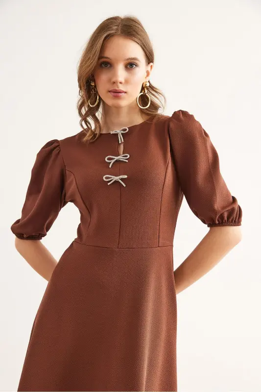 Woman Brown Bow Detailed Midi Knitted Dress E - 5