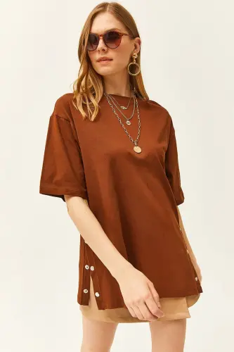 Woman Brown Buttoned Side Cotton T-Shirt TSH- 