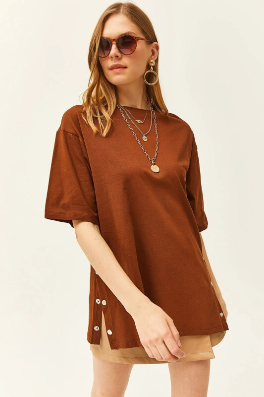 Woman Brown Buttoned Side Cotton T-Shirt TSH- - 1