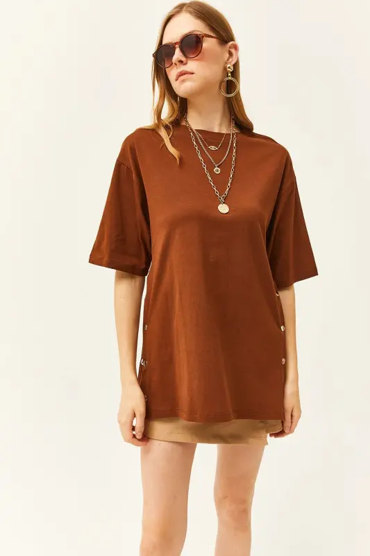 Woman Brown Buttoned Side Cotton T-Shirt TSH- - 2