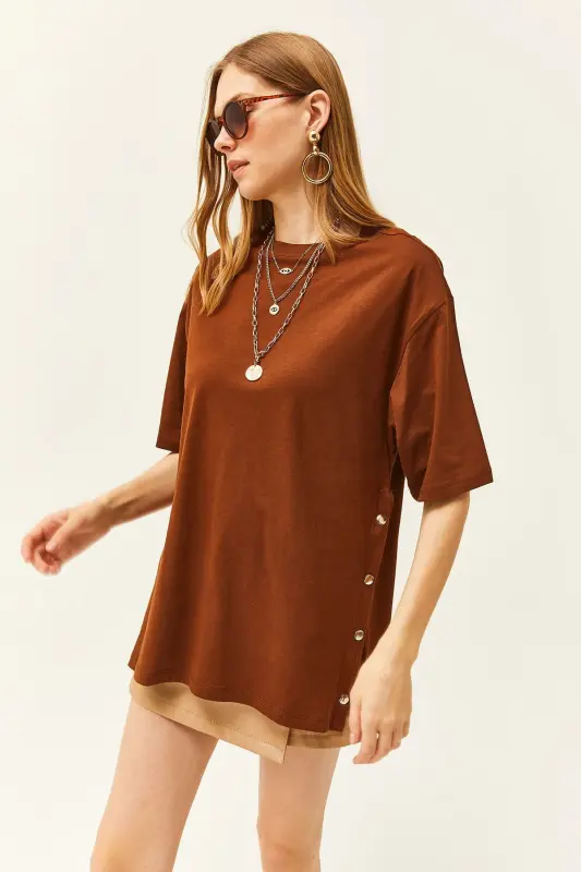 Woman Brown Buttoned Side Cotton T-Shirt TSH- - 4
