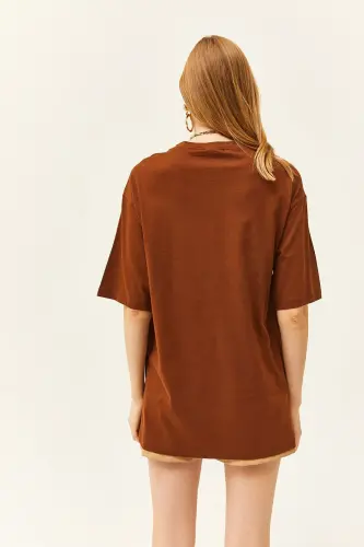 Woman Brown Buttoned Side Cotton T-Shirt TSH- - 5