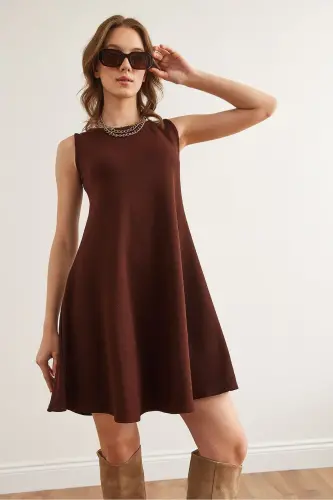 Woman Brown Crew Neck Flared Knitted Crepe Dress - 6