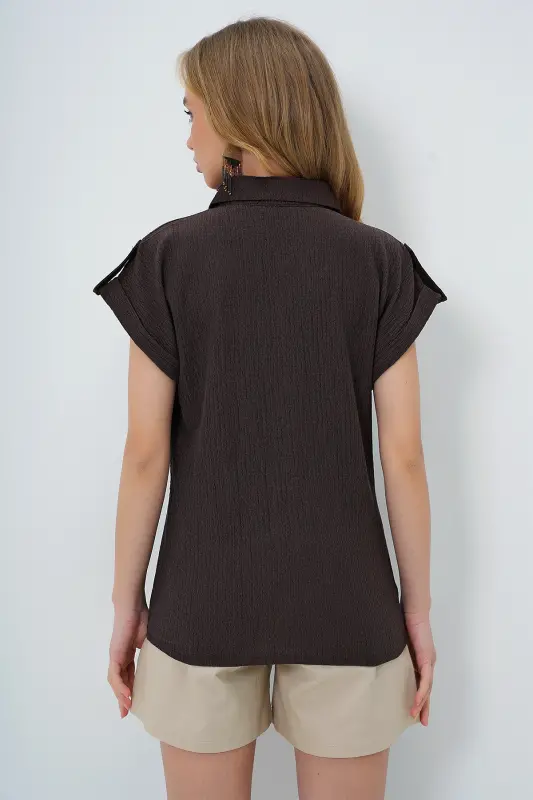 Woman Brown Cuffed Double Short Sleeve Textured Shirt ALC-X8724-BROWN - 6