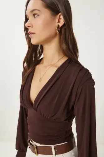 Woman Brown Deep V Neck Crop Sandy Knit BF00050-Brown - 1