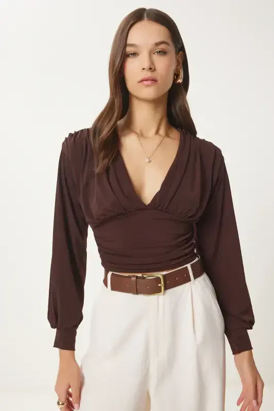 Woman Brown Deep V Neck Crop Sandy Knit BF00050-Brown - 2