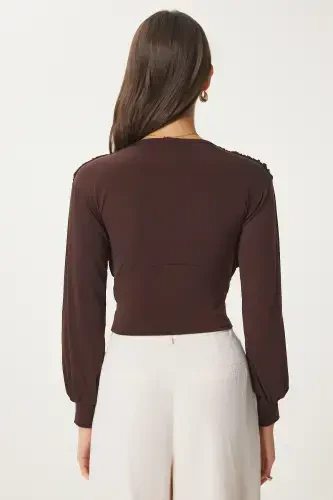 Woman Brown Deep V Neck Crop Sandy Knit BF00050-Brown - 4