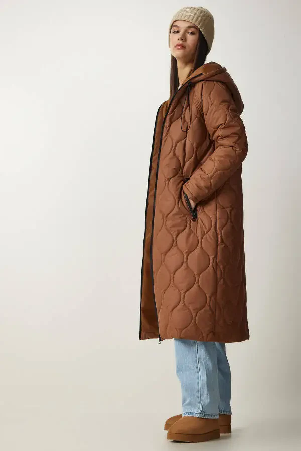 Woman Brown Hooded Pocketed Quilted Coat DD - 1