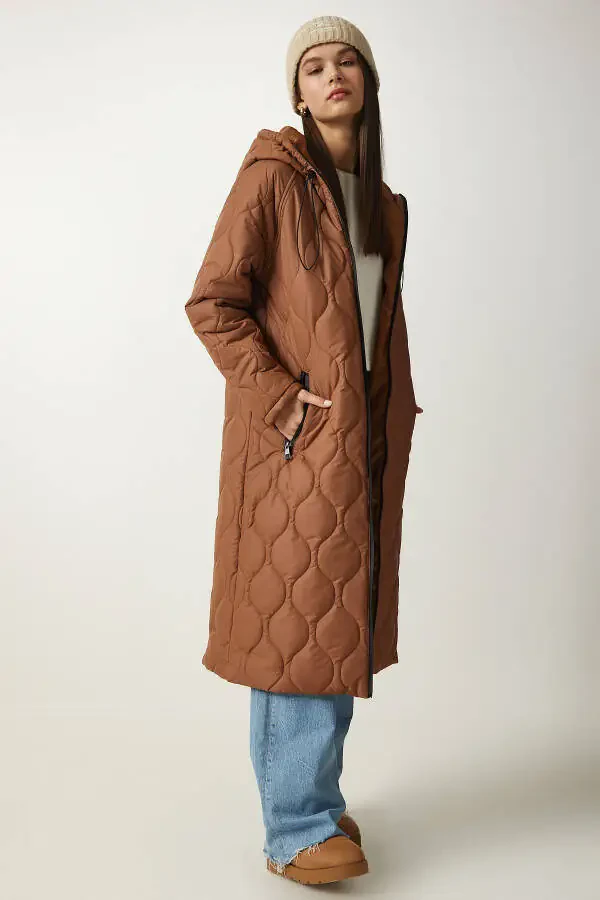 Woman Brown Hooded Pocketed Quilted Coat DD - 2