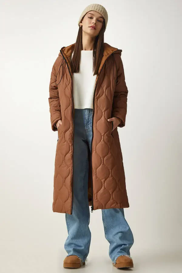 Woman Brown Hooded Pocketed Quilted Coat DD - 3