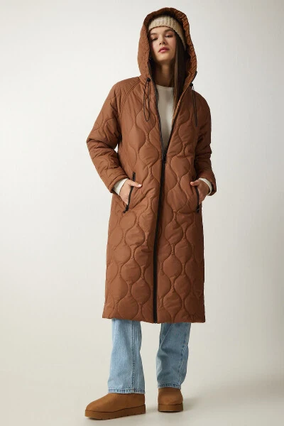Woman Brown Hooded Pocketed Quilted Coat DD - 4