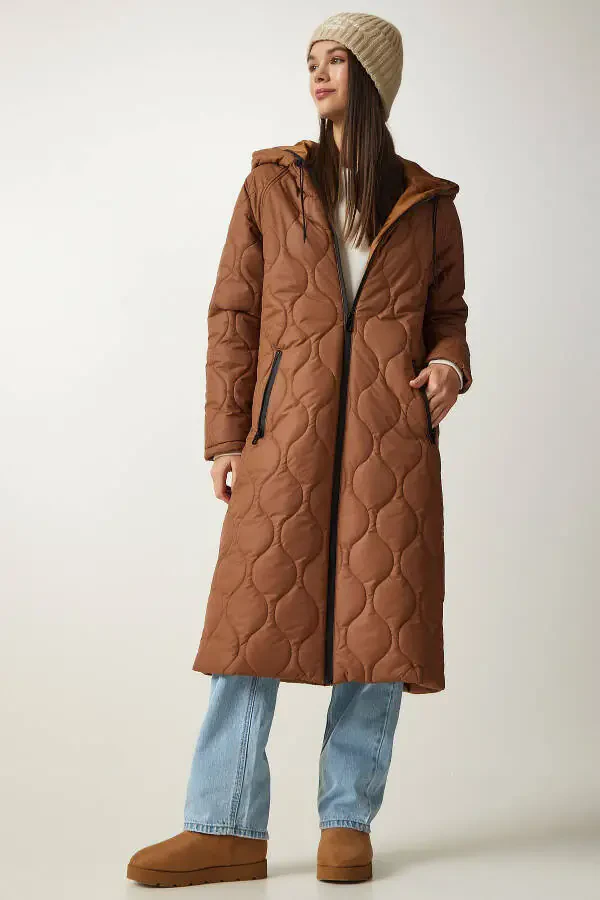 Woman Brown Hooded Pocketed Quilted Coat DD - 5