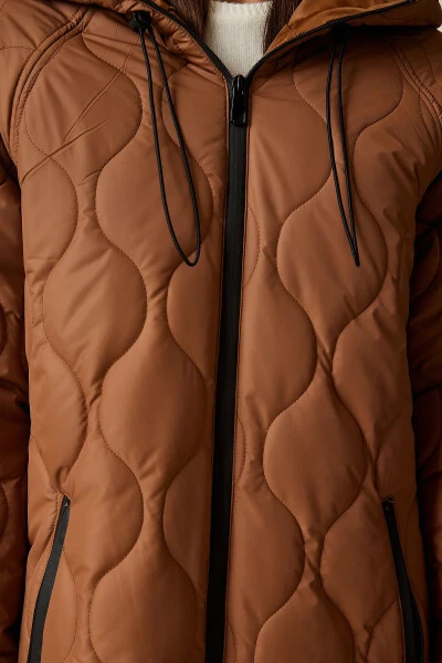 Woman Brown Hooded Pocketed Quilted Coat DD - 6