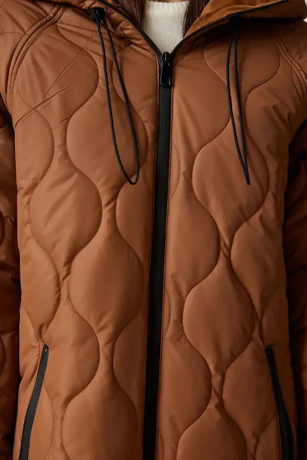Woman Brown Hooded Pocketed Quilted Coat DD - 6