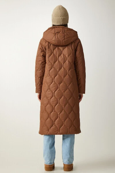 Woman Brown Hooded Pocketed Quilted Coat DD - 7