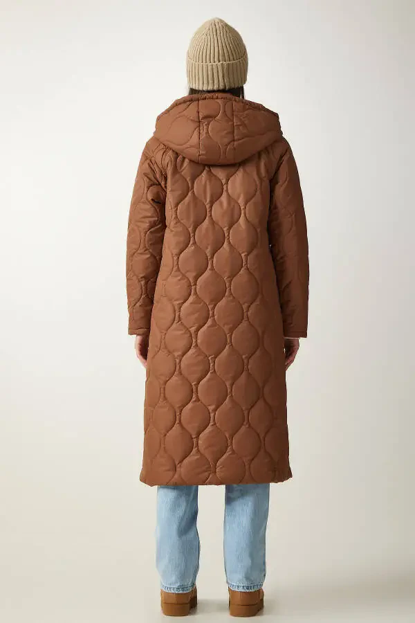 Woman Brown Hooded Pocketed Quilted Coat DD - 7