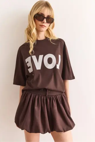 Woman Brown Love Printed Balloon Skirt Cotton T 
