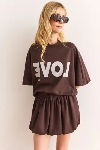 Woman Brown Love Printed Balloon Skirt Cotton T - OLALOOK (1)