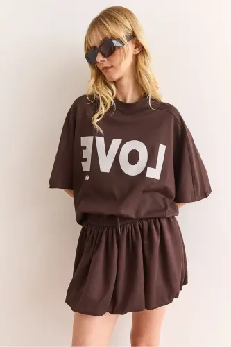 Woman Brown Love Printed Balloon Skirt Cotton T - 3