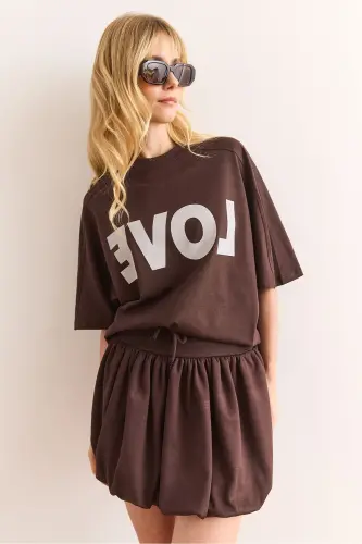 Woman Brown Love Printed Balloon Skirt Cotton T - 4