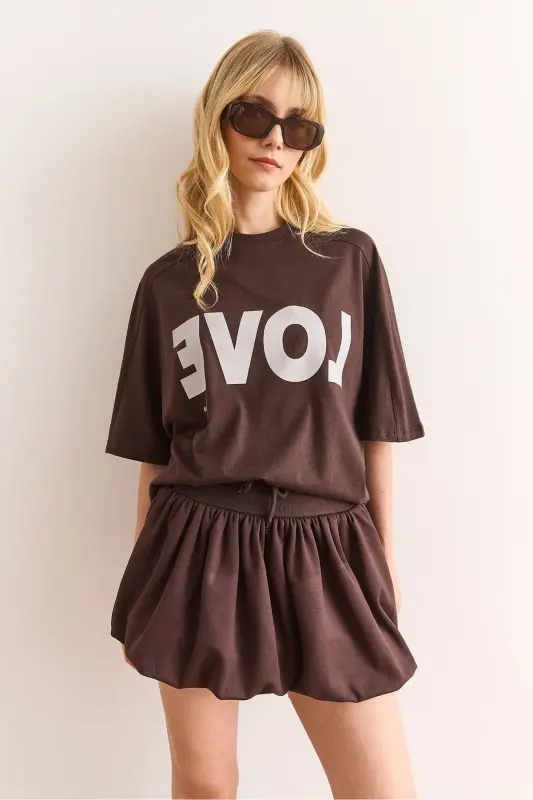 Woman Brown Love Printed Balloon Skirt Cotton T - 5