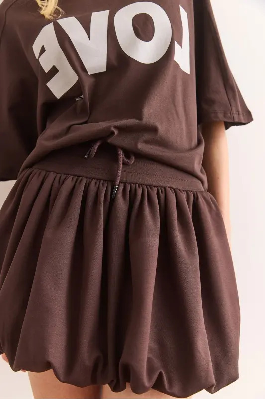 Woman Brown Love Printed Balloon Skirt Cotton T - 6