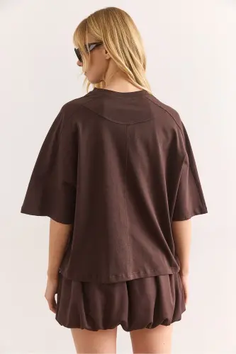 Woman Brown Love Printed Balloon Skirt Cotton T - 7