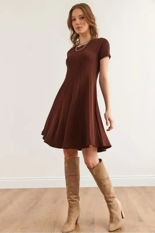 Woman Brown Patchwork Trendy Mini Flared Dress EL - 1