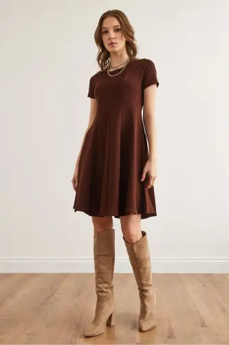 Woman Brown Patchwork Trendy Mini Flared Dress EL - OLALOOK (1)