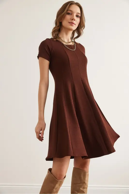 Woman Brown Patchwork Trendy Mini Flared Dress EL - 3