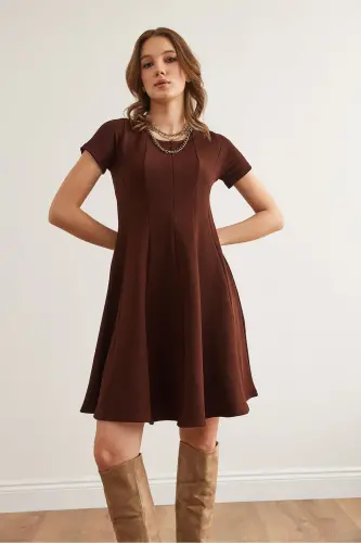 Woman Brown Patchwork Trendy Mini Flared Dress EL - 5